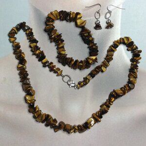 Tiger-eye Chip Gemstones Necklace, Bracelet and Earring